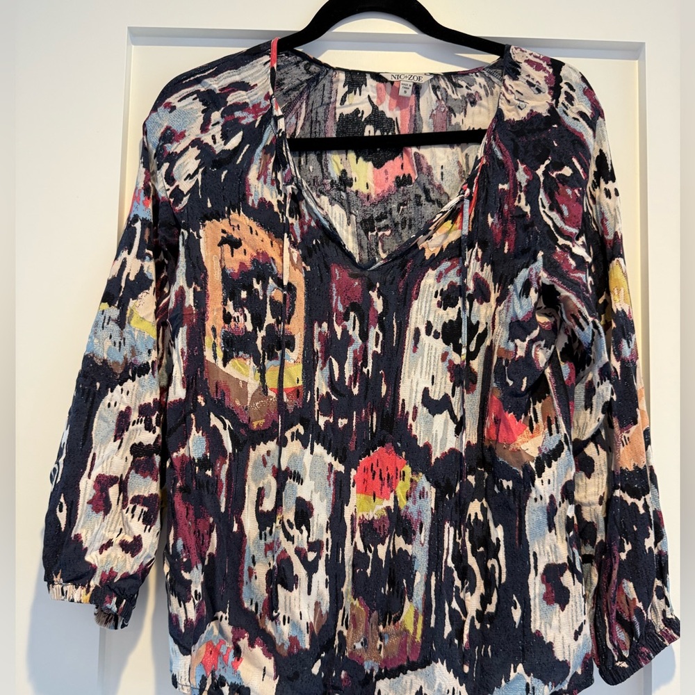 NIC+ZOE Navy and Pink Abstract Blouse